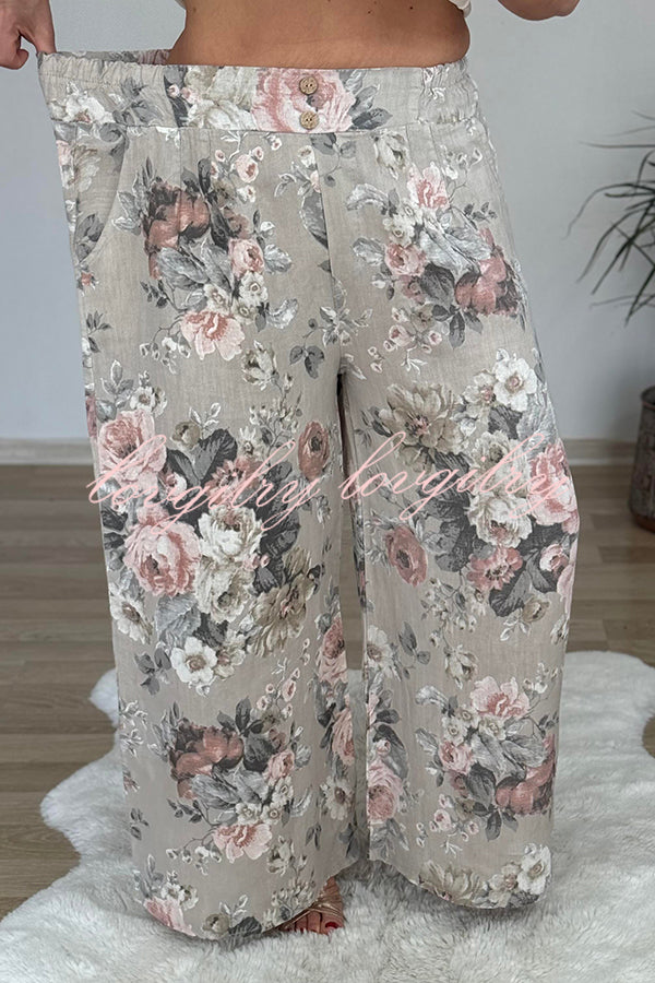 Linen Blend Crew Neck Long Sleeve Irregular Loose Top and Elastic Waist Floral Print Casual Pocket Set