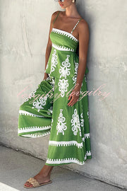 Unique Ethnic Print Suspender Pleated Top and Elastic Waist Loose Wide-leg Pants Set