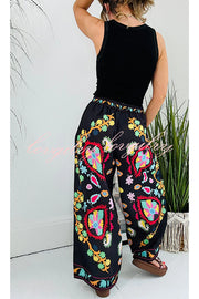 Hippie Style Unique Floral Denim Print Elastic Waist Pocket Wide Leg Pants