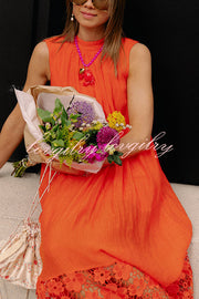Breezy Comfort Tie-up Neck Sleeveless Floral Lace Hem Maxi Dress