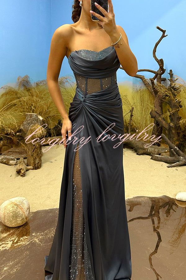 Essie Satin Rhinestone Patchwork Twist Waist Strapless Slit Maxi Dress