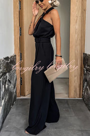 Fashionable Unique Look Halter Shirt Collar Wide Leg Jumpsuit