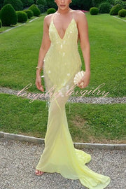 Perfect Night Sequin Embroidery Backless Drape Tulle Hem Slip Maxi Dress