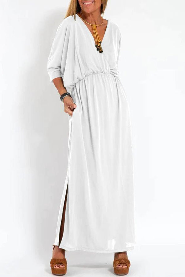 Ultimate Comfort Elastic Waist Half Sleeve Pocketed Slit Maxi Dress