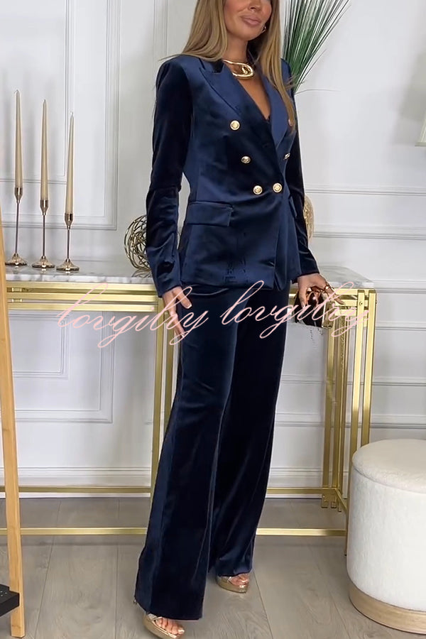 Guest of Honor Velvet Metal Button Lapel Blazer and Elastic Waist Pocketed Loose Pants Set