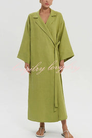 Linen Blend Solid Color Casual Lapel Tie Loose Maxi Dress