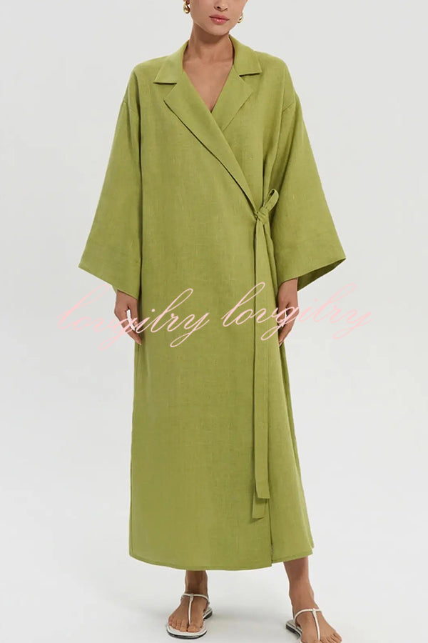 Linen Blend Solid Color Casual Lapel Tie Loose Maxi Dress