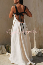 Jordina Linen Blend Colorblock Cups Backless Tie-up Loose Maxi Dress