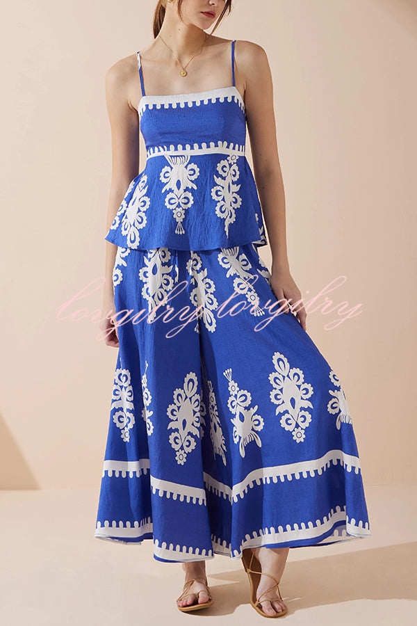 Unique Ethnic Print Suspender Pleated Top and Elastic Waist Loose Wide-leg Pants Set