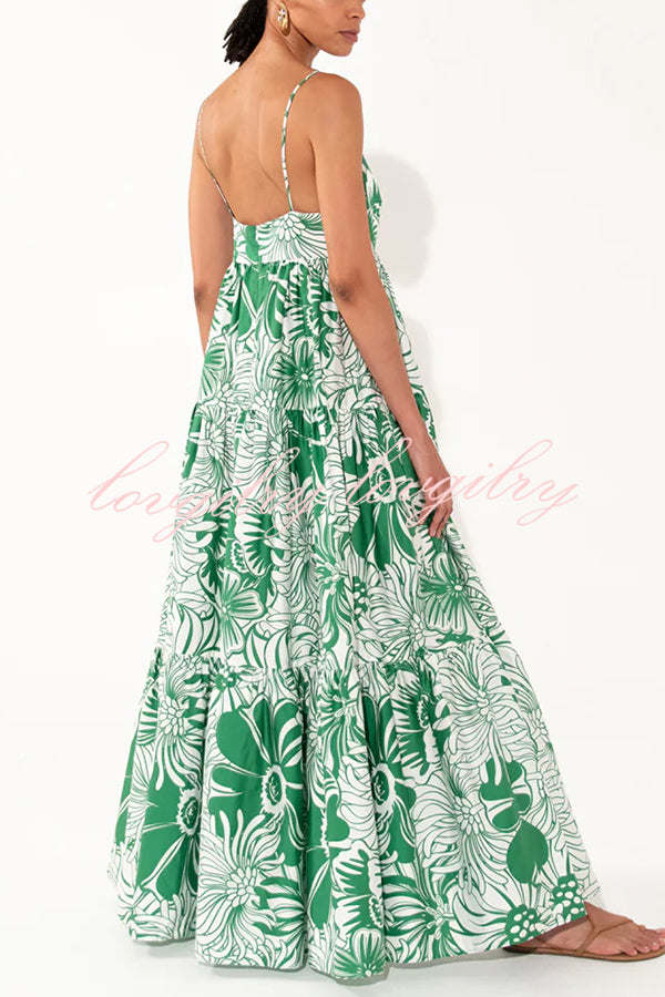 Botanical Floral Print Sexy Sling Backless Maxi Dress