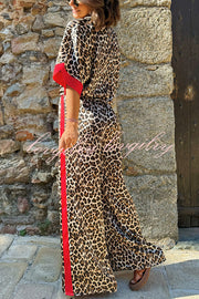 Leopard Print Color Block Short Sleeve Loose Shirt and Elastic Waist Pocket Pants Set