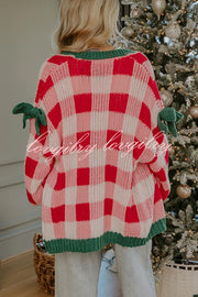 Holiday Cozy Checkered Knit Color-blocked Plaid Bow Long-sleeved Cardigan