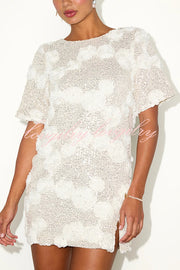 Feeling Exquisite Sequin-embellished Rose Texture Short Sleeve H-line Mini Dress