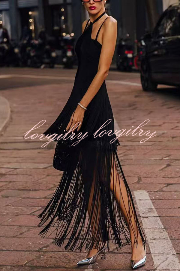 Sexy Halterneck Open Back Elegant Tassel Slim Maxi Dress
