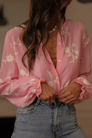 Floral Embroidery Long-Sleeved Button-Up Elegant Shirt