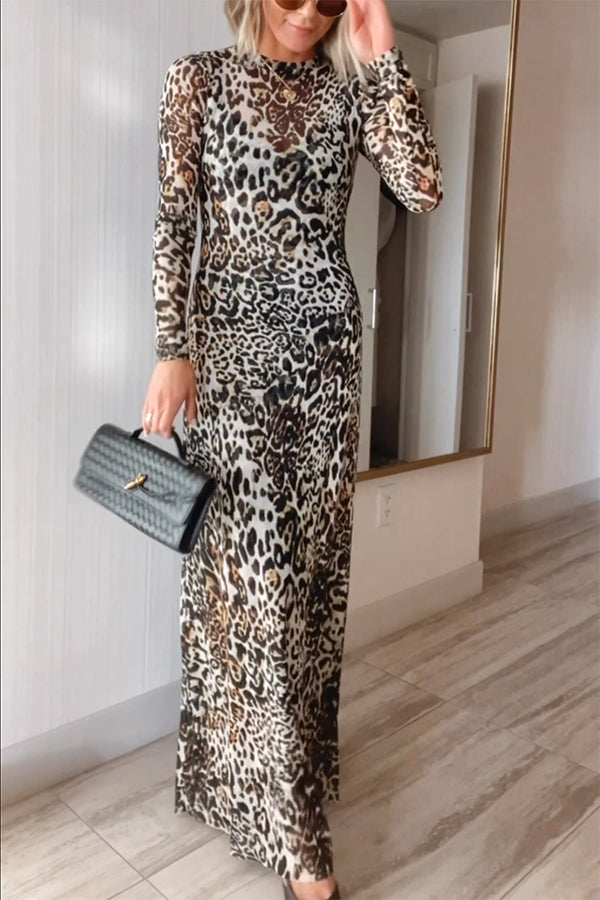 Wild As They Come Mesh Leopard Long Sleeve Stretch Maxi Dress