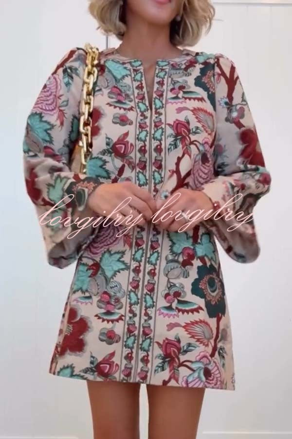 Autumn Garden Printed V-neck Long Bell Sleeve Top and Mid Rise Skirt Set