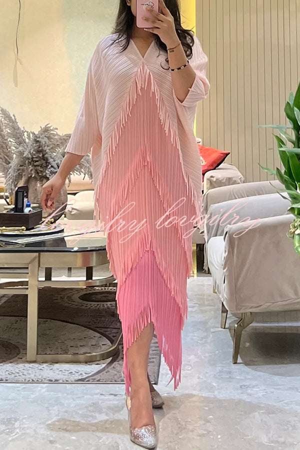 Fashionable Color-blocked Multi-layered Tassel Loose Midi Dress