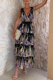 Sunny Views Lavender Print V-neck Tie-up Tiered Maxi Dress