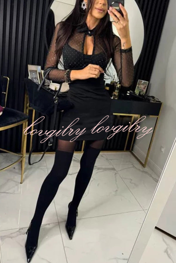 Stevie Mesh Glitter Fabric Cutout Shirt Neck Long Sleeve Stretch Mini Dress