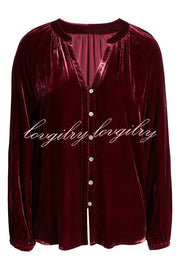 Solid Color Velvet V-neck Long-sleeved Shirt