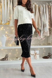 Light The Night Knit Satin Bow Detail Short Puff Sleeve Sweater