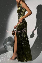 Solid Color Velvet Round Neck Sleeveless Slim Slit Maxi Dress