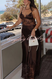 Elegant Evening Satin Lace Patchwork See-through Waist Slip Maxi Dress