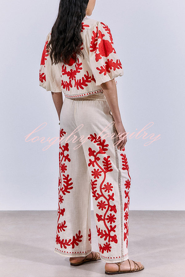 Till Sunset Linen Blend Unique Print Lace-up Puff Sleeve Shirt