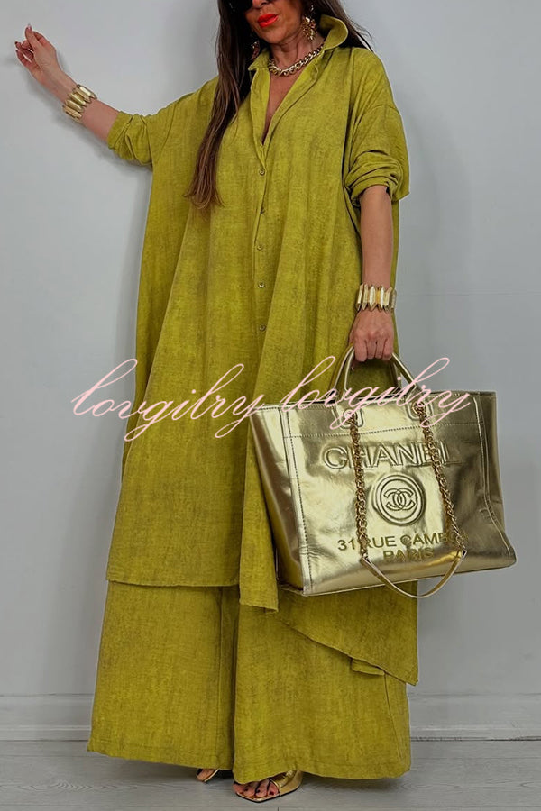 Solid Color Casual Loose Long Shirt and Elastic Waist Pocket Wide Leg Pants Set