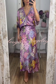 Satin Floral Print V-neck Half-sleeve Loose Top and Elegant Maxi Skirt Set