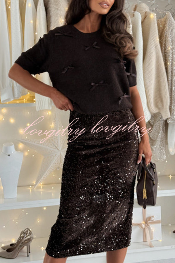 Light The Night Knit Satin Bow Detail Short Puff Sleeve Sweater