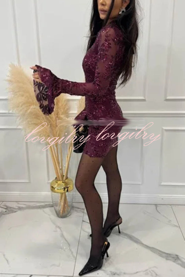 Deep and Dazzling Floral Texture Sequin Long Bell Sleeve Open Back Mini Dress