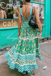 Yolanda Ric Rac Trims Unique Print Smocked Bust Back Lace-up Maxi Dress