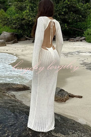 Bahamas Knit Long Bell Sleeve Sexy Backless Holiday Cover-up Maxi Dress