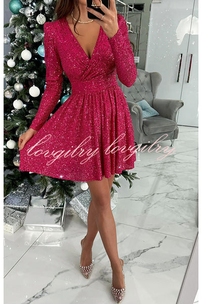 Girls Night Out Sequin Wrap Long Sleeve Mini Dress