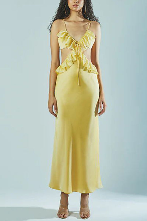 Date Night Sexy Satin Chiffon Ruffle Trim Removable Slip Maxi Dress