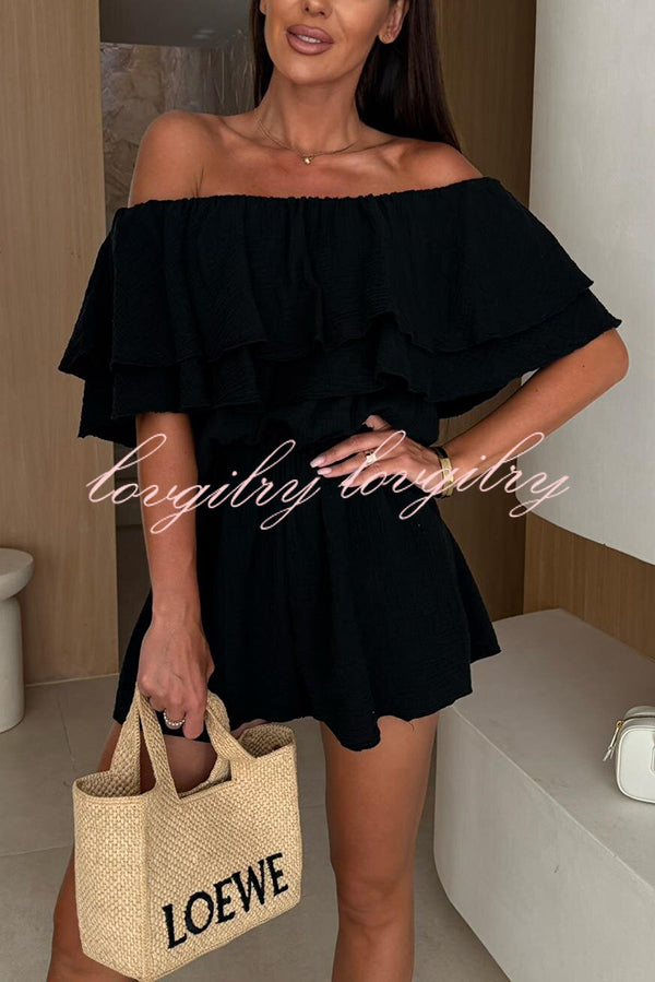 Solid Color Off-shoulder Ruffled Casual Waist Rompers