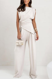 Jordy Ruched Shoulder Slit Top and Elastic Waist Pocketed Wide Leg Pants Set