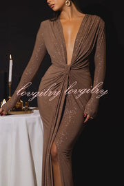 Solid Color Shiny Sexy V-neck Long Sleeve Ribbon Slit Slim Fit Maxi Dress