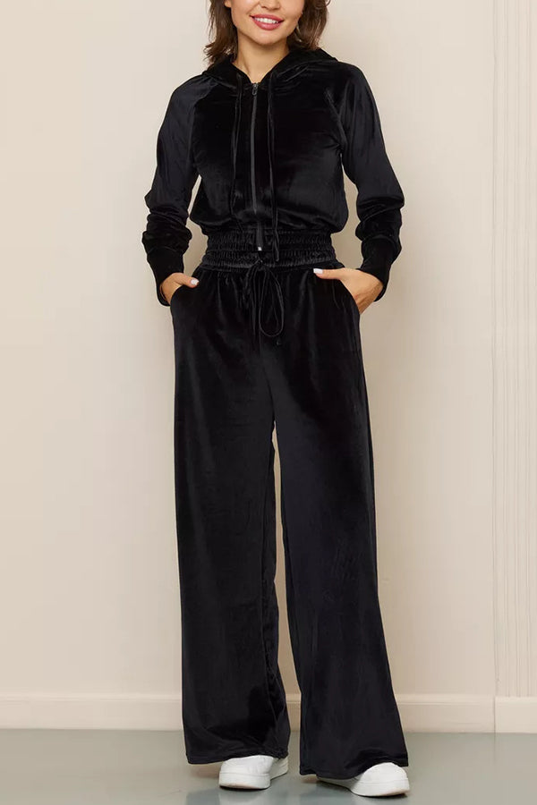 Solid Color Velvet Hooded Zip-up Sweatshirt and Elastic Waist Casual Pocket Straight-leg Pants Set