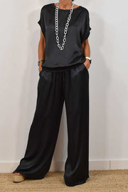 Satin Solid Color Loose Short-sleeved Top and Elastic Waist Lace-up Pocket Wide-leg Pants Set