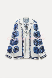 Unique Print Lapel Long Sleeve Shirt and Elastic Waist Wide Leg Pants Set