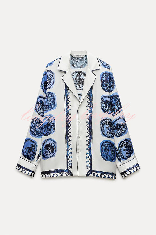 Unique Print Lapel Long Sleeve Shirt and Elastic Waist Wide Leg Pants Set