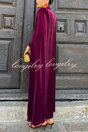 Olivienne Luxurious Velvet Padded Shoulders Slit Sleeve Lapel Midi Cape