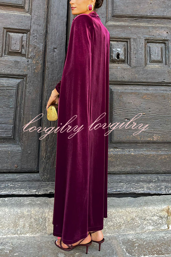 Olivienne Luxurious Velvet Padded Shoulders Slit Sleeve Lapel Midi Cape