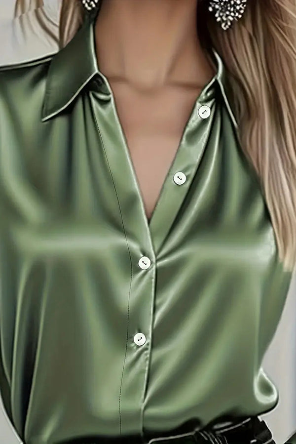 Satin Solid Color Collared Long-Sleeve Casual Shirt