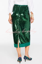 Shimmer Scene Sequin Patchwork Hem High Rise Slit Pencil Midi Skirt