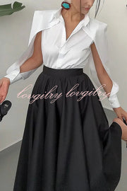 Stylish Lapel Cutout Long-sleeved Shirt and Full-hem Maxi Skirt Set