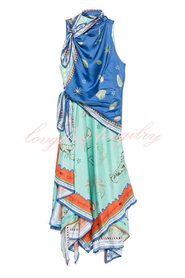Surrealist Summer Satin Unique Print Tie-up Details Layered Hem Scarf Maxi Dress